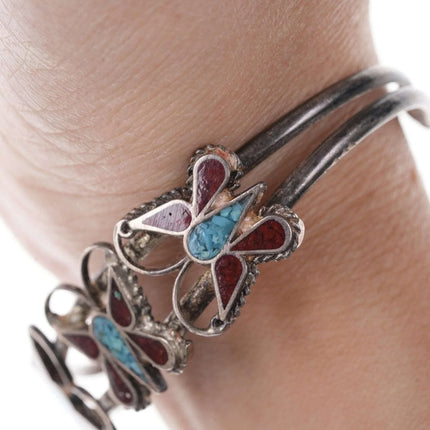 Native American Sterling/turquoise/Coral Chip inlay butterfly cuff bracelet - Estate Fresh Austin