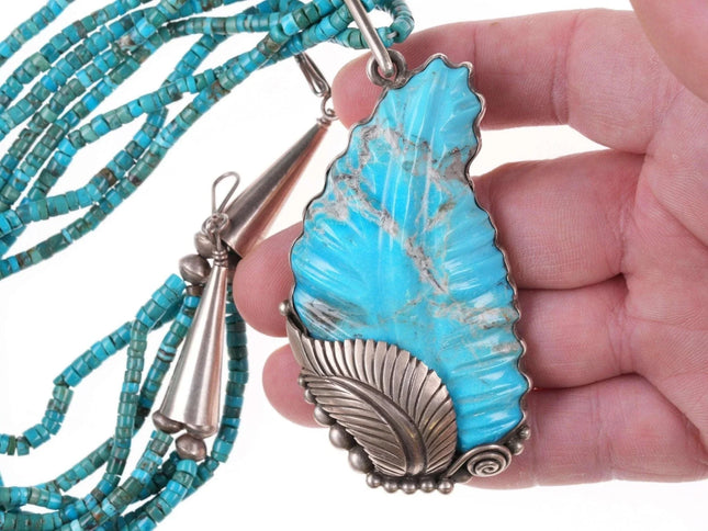 Navajo Calvin Martinez Sterling and carved turquoise pendant and 4 strand heishi - Estate Fresh Austin