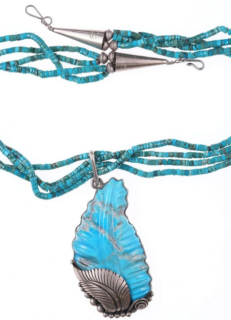 Navajo Calvin Martinez Sterling and carved turquoise pendant and 4 strand heishi - Estate Fresh Austin