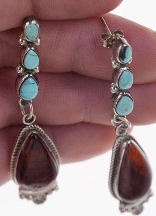 Navajo Delbert Delgarito Sterling turquoise/spiny oyster dangle earrings - Estate Fresh Austin