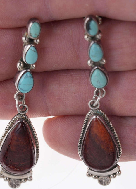 Navajo Delbert Delgarito Sterling turquoise/spiny oyster dangle earrings - Estate Fresh Austin