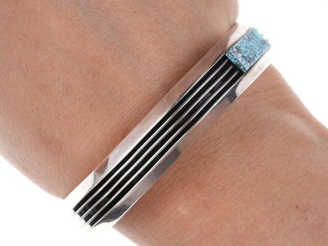 6.5" Navajo Larry Begay Modernist Sterling silver Spiderweb turquoise cuff bracelet - Estate Fresh Austin