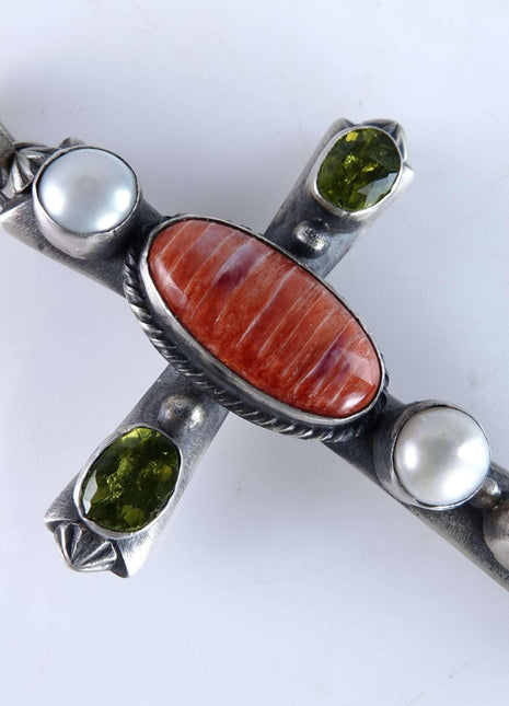 Navajo Sterling Spiny oyster, Peridot, and pearl Cross Pendant by Chimney Butt - Estate Fresh Austin