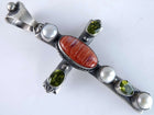 Navajo Sterling Spiny oyster, Peridot, and pearl Cross Pendant by Chimney Butt - Estate Fresh Austin