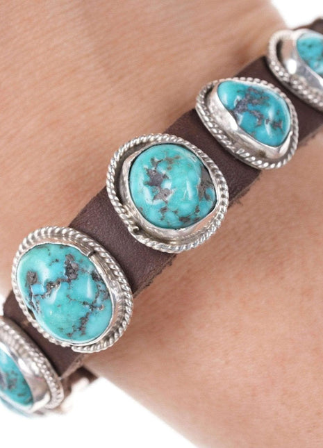 Navajo Sterling Turquoise conchos leather bracelet - Estate Fresh Austin