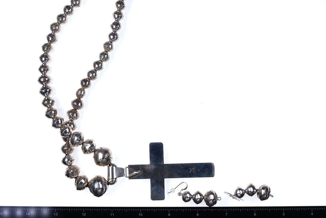 Navajo Sterling Turquoise Cross with Stamped Bead necklace with earrings - Estate Fresh Austin