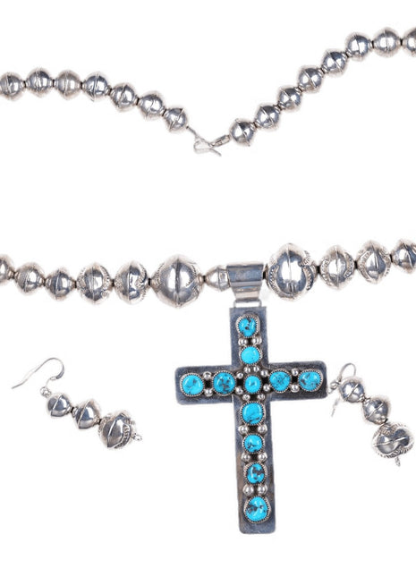 Navajo Sterling Turquoise Cross with Stamped Bead necklace with earrings - Estate Fresh Austin