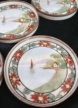 Nippon Coasters set of Six hand painted sailboat and boat house on beach - Estate Fresh Austin