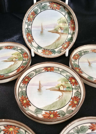 Nippon Coasters set of Six hand painted sailboat and boat house on beach - Estate Fresh Austin