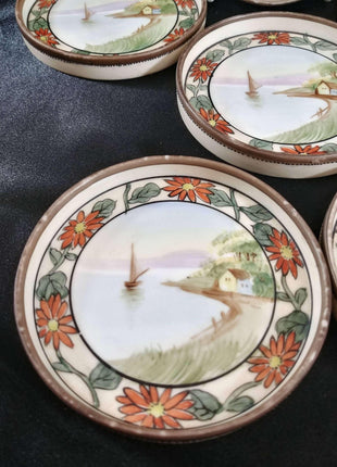 Nippon Coasters set of Six hand painted sailboat and boat house on beach - Estate Fresh Austin