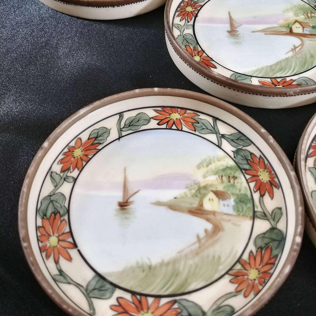 Nippon Coasters set of Six hand painted sailboat and boat house on beach - Estate Fresh Austin