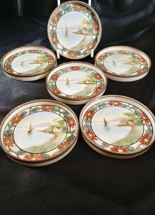 Nippon Coasters set of Six hand painted sailboat and boat house on beach - Estate Fresh Austin