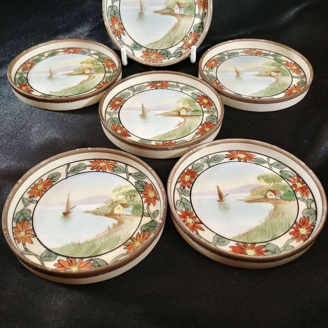 Nippon Coasters set of Six hand painted sailboat and boat house on beach - Estate Fresh Austin