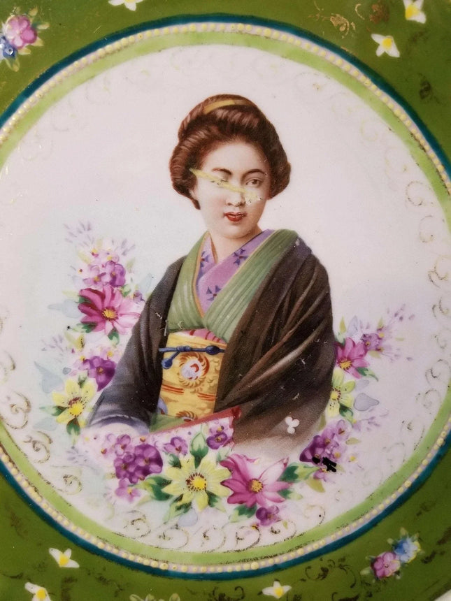 Nippon Geisha Portrait Dresser Tray green Gold c.1890 - Estate Fresh Austin