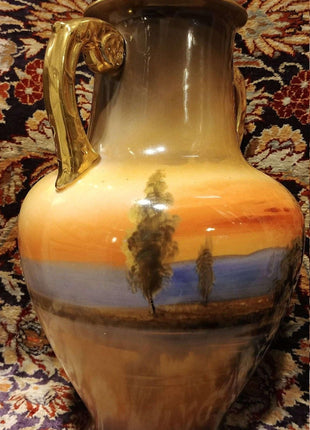 Noritake Hand Painted House on Lake w/Swan Trees 9" x 6" Large Vase c.1940 - Estate Fresh Austin