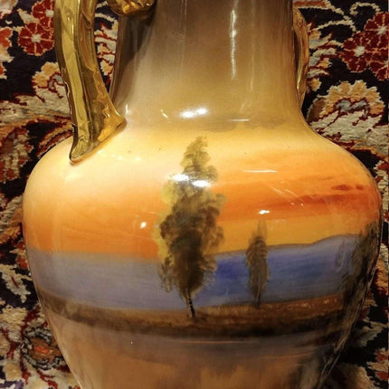 Noritake Hand Painted House on Lake w/Swan Trees 9" x 6" Large Vase c.1940 - Estate Fresh Austin