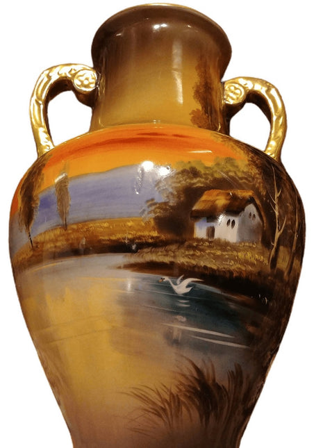 Noritake Hand Painted House on Lake w/Swan Trees 9" x 6" Large Vase c.1940 - Estate Fresh Austin