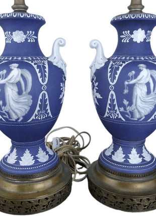 Noritake Nippon Moriage Wedgwood Style Lamps with Hand Painted Neoclassical Figu - Estate Fresh Austin