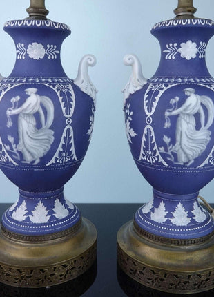 Noritake Nippon Moriage Wedgwood Style Lamps with Hand Painted Neoclassical Figu - Estate Fresh Austin