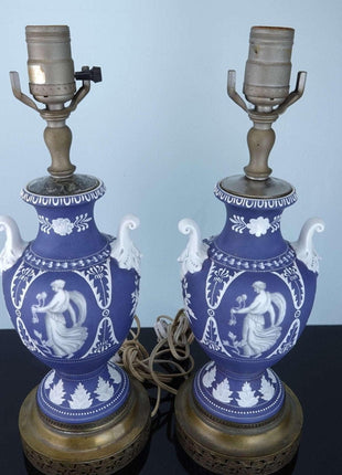 Noritake Nippon Moriage Wedgwood Style Lamps with Hand Painted Neoclassical Figu - Estate Fresh Austin