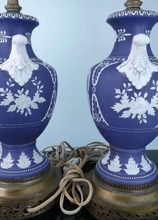 Noritake Nippon Moriage Wedgwood Style Lamps with Hand Painted Neoclassical Figu - Estate Fresh Austin