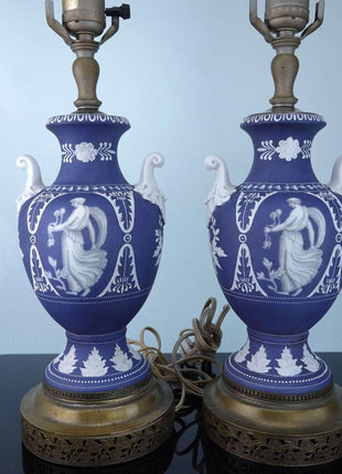 Noritake Nippon Moriage Wedgwood Style Lamps with Hand Painted Neoclassical Figu - Estate Fresh Austin