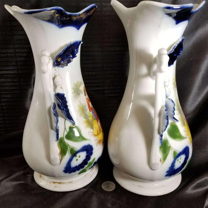 Old Paris Porcelain Hand Painted Portrait vases Courting Youths Man playing inst - Estate Fresh Austin