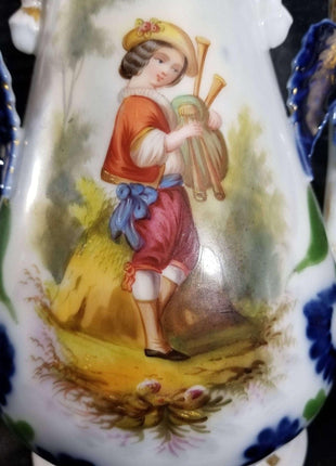 Old Paris Porcelain Hand Painted Portrait vases Courting Youths Man playing inst - Estate Fresh Austin