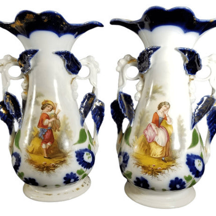 Old Paris Porcelain Hand Painted Portrait vases Courting Youths Man playing inst - Estate Fresh Austin