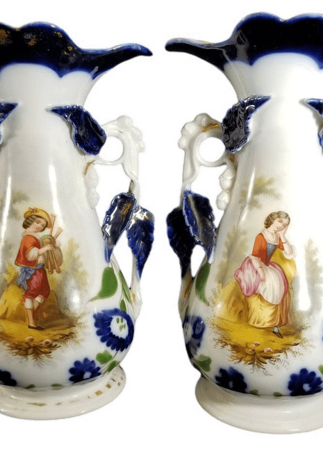 Old Paris Porcelain Hand Painted Portrait vases Courting Youths Man playing inst - Estate Fresh Austin