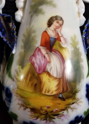 Old Paris Porcelain Hand Painted Portrait vases Courting Youths Man playing inst - Estate Fresh Austin