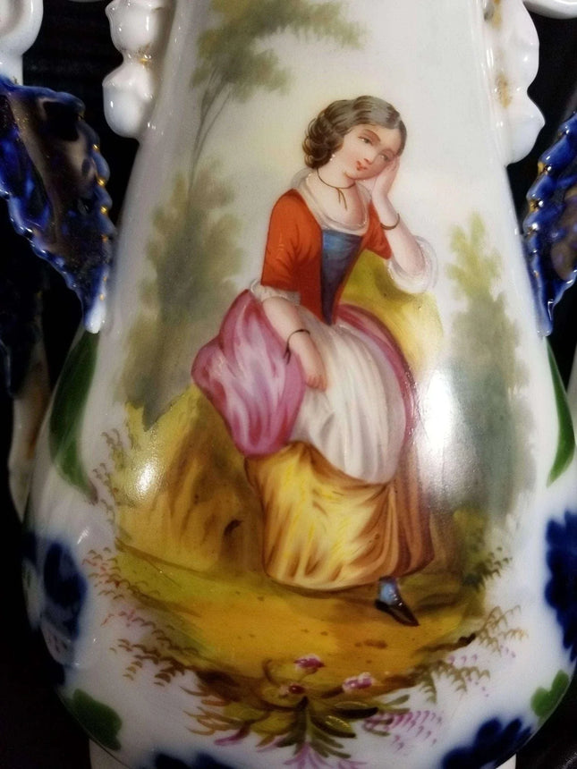 Old Paris Porcelain Hand Painted Portrait vases Courting Youths Man playing inst - Estate Fresh Austin