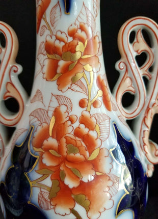 Old Paris Porcelain Imari Style Scroll Handled Vase Hand enameled Burnt Orange C - Estate Fresh Austin