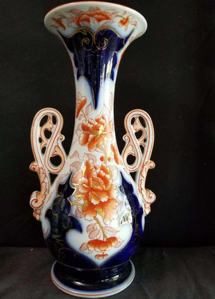 Old Paris Porcelain Imari Style Scroll Handled Vase Hand enameled Burnt Orange C - Estate Fresh Austin