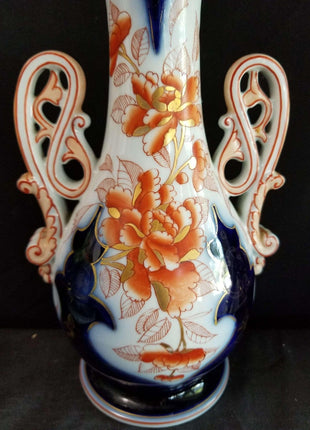 Old Paris Porcelain Imari Style Scroll Handled Vase Hand enameled Burnt Orange C - Estate Fresh Austin