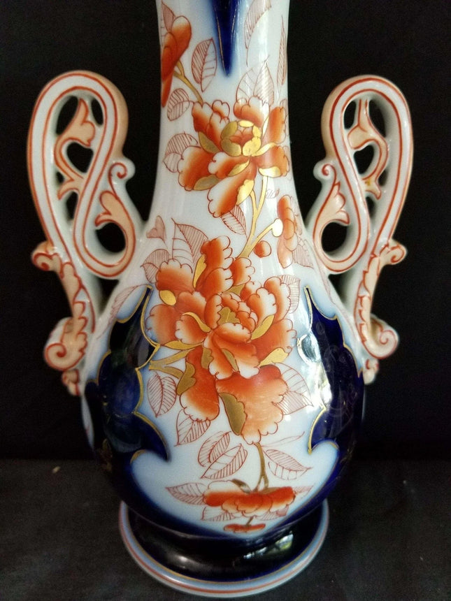 Old Paris Porcelain Imari Style Scroll Handled Vase Hand enameled Burnt Orange C - Estate Fresh Austin