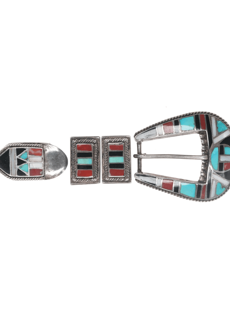 Old Zuni Native American silver channel inlay ranger belt buckle set - Estate Fresh Austin