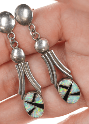 Onyx and Opal Channel inlay sterling earrings - Estate Fresh Austin