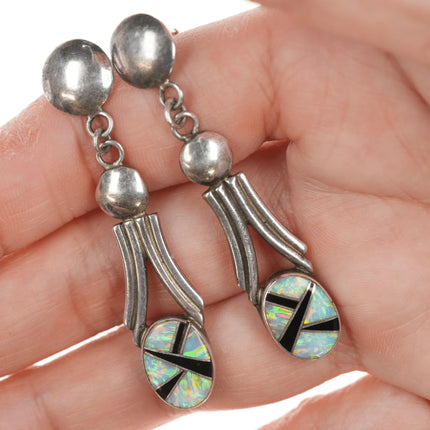 Onyx and Opal Channel inlay sterling earrings - Estate Fresh Austin