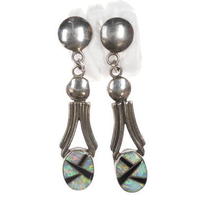 Onyx and Opal Channel inlay sterling earrings - Estate Fresh Austin