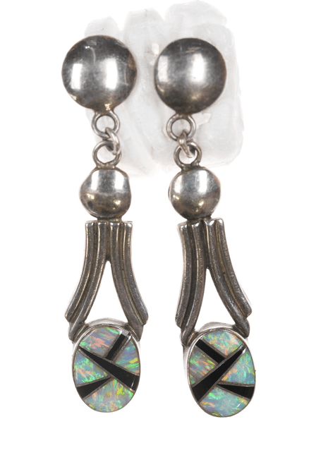 Onyx and Opal Channel inlay sterling earrings - Estate Fresh Austin