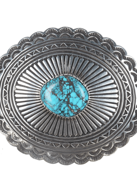 Orville White Navajo Deep stamped sterling belt buckle with turquoise - Estate Fresh Austin