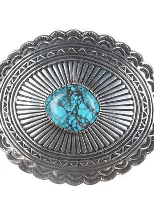 Orville White Navajo Deep stamped sterling belt buckle with turquoise - Estate Fresh Austin