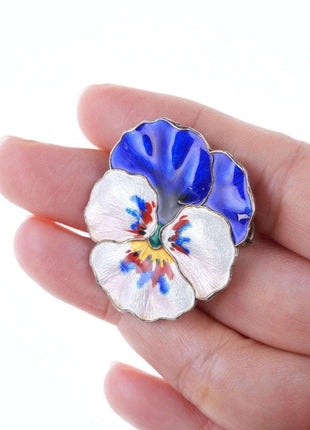 Oystein Balle Norwegian Sterling enamel pansy earrings and pin - Estate Fresh Austin