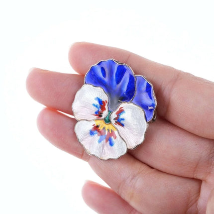 Oystein Balle Norwegian Sterling enamel pansy earrings and pin - Estate Fresh Austin