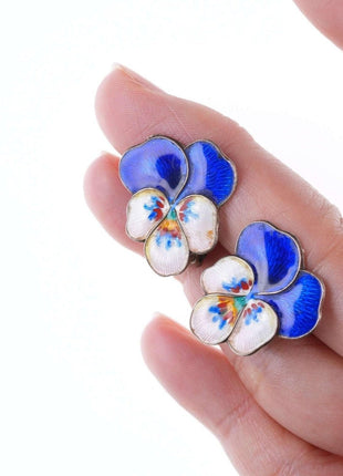 Oystein Balle Norwegian Sterling enamel pansy earrings and pin - Estate Fresh Austin