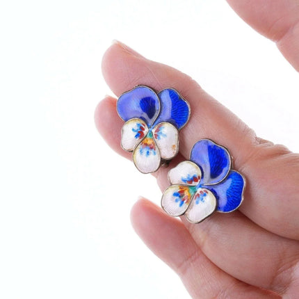 Oystein Balle Norwegian Sterling enamel pansy earrings and pin - Estate Fresh Austin