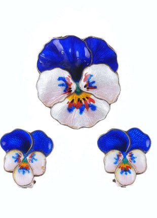 Oystein Balle Norwegian Sterling enamel pansy earrings and pin - Estate Fresh Austin