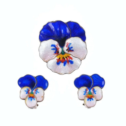 Oystein Balle Norwegian Sterling enamel pansy earrings and pin - Estate Fresh Austin