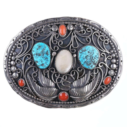 Patriotic Vintage Navajo Sterling, Turquoise, Coral, and Shell belt buckle - Estate Fresh Austin